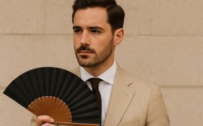 Homme élégant en costume beige tenant un éventail pour homme noir et marron.