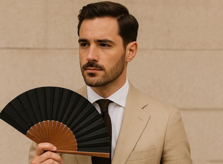 Homme élégant en costume beige tenant un éventail pour homme noir et marron.